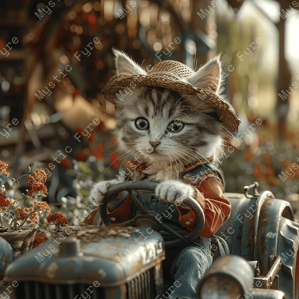 "Allie on the Farm" cat driving a tractor on a farm wallpaper - Mystic Fyre