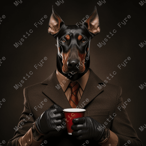 "Distinguished Doberman- Arthur" Doberman drinking coffee wallpaper and mobile home screen by Mystic Fyre