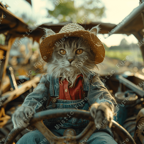 "Uncle Andy on the Farm" Fantasy cat riding a lawnmower wallpaper and mobile screensaver - MysticFyre.com