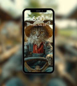 "Uncle Andy on the Farm" Fantasy cat riding a lawnmower wallpaper and mobile screensaver - MysticFyre.com